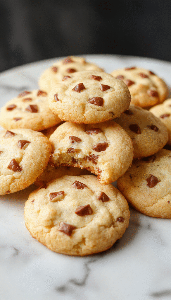 Golden brown traditional German butter cookies arranged on a white plate with a fluffy powdered sugar dusting, showcasing their delicate texture and smooth, shiny surface. The cookies are neatly stacked with a few slightly overlapping, set against a rustic wooden table and soft natural lighting highlighting their buttery sheen and crisp edges.