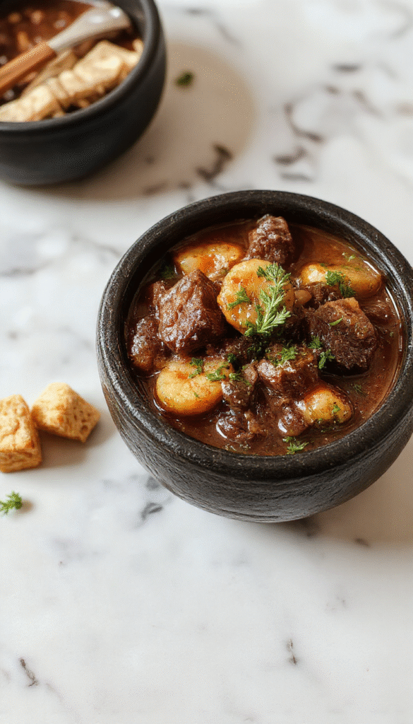 A dark, bubbling cauldron-shaped pot filled with a thick, savory beef stew featuring tender chunks of beef, carrots, potatoes, and herbs, steam rising from the hot, rustic dish with a witchy, mystical ambiance and vibrant earthy colors