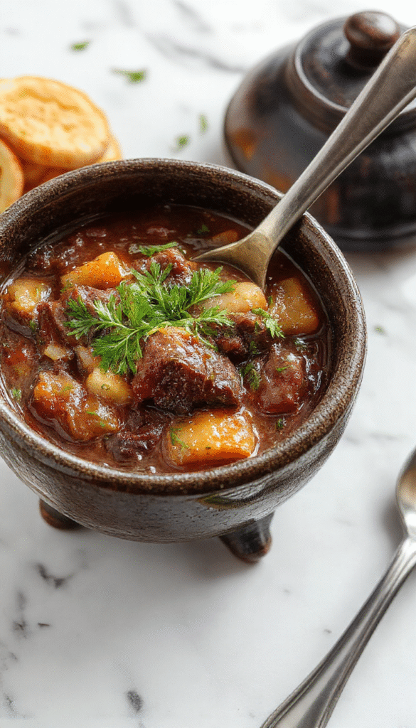 A bubbling black cauldron-shaped pot filled with rich beef stew, surrounded by fresh vegetables and herbs, with steam rising against a dark, mystical background, styled with rustic wooden elements and eerie lighting