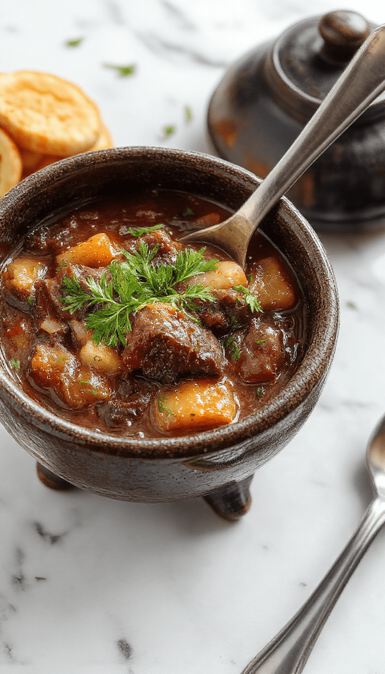 A bubbling black cauldron-shaped pot filled with rich beef stew, surrounded by fresh vegetables and herbs, with steam rising against a dark, mystical background, styled with rustic wooden elements and eerie lighting