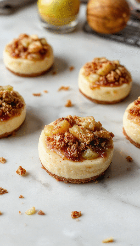 Colorful mini cheesecakes topped with golden apple slices and cinnamon crumble, displayed on a rustic wooden tray with fall-themed decor, creamy texture visible.