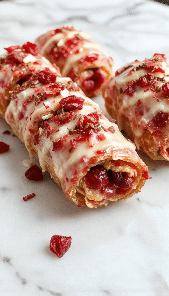Colorful Christmas cranberry roll ups arranged on a festive platter, featuring red and green garnishes, creamy filling, and a textured cranberry topping, styled with holiday decor for a cheerful presentation.