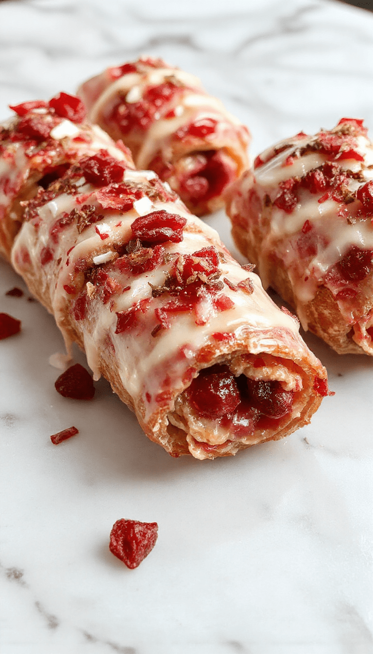 Colorful Christmas cranberry roll ups arranged on a festive platter, featuring red and green garnishes, creamy filling, and a textured cranberry topping, styled with holiday decor for a cheerful presentation.
