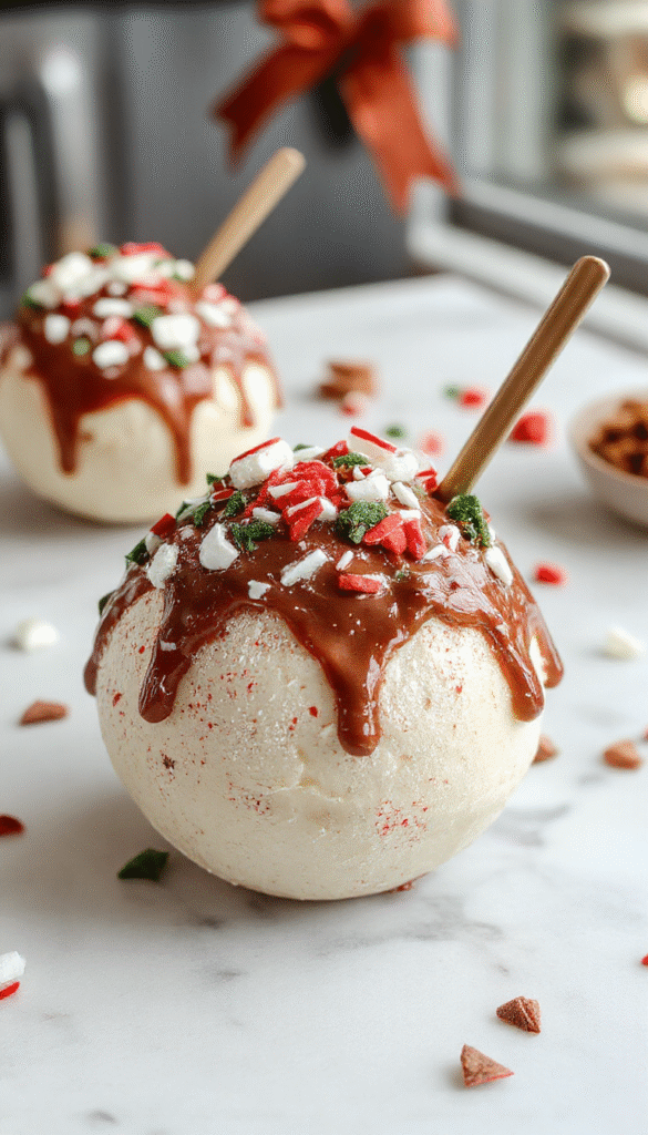 Vibrant Christmas hot chocolate bomb resting on a marble surface with a partially split shell revealing rich chocolate and marshmallows inside, surrounded by colorful sprinkles and peppermint candies, styled with holiday-themed elements and warm lighting.