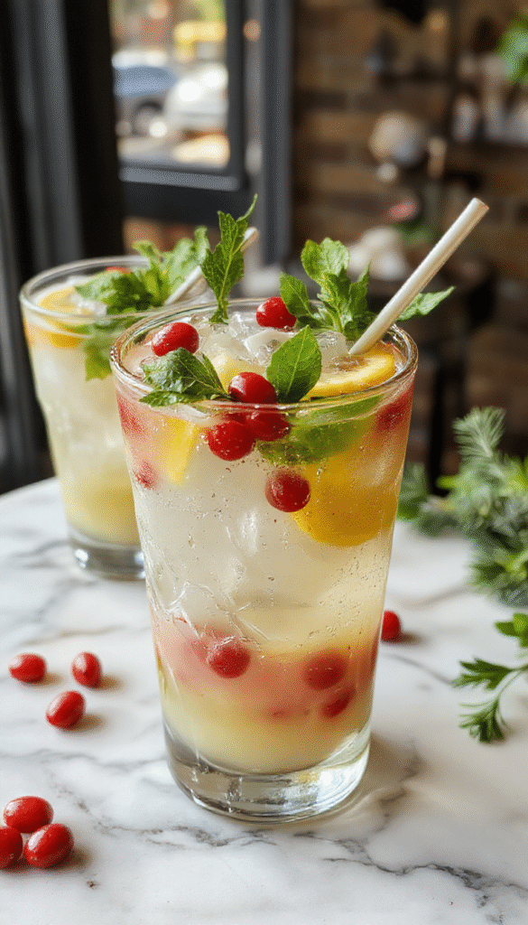 A vibrant holiday cocktail featuring a clear glass rimmed with red-colored sugar, filled with a sparkling, icy green margarita beverage garnished with fresh mistletoe berries and a lime wedge. The background showcases a warm festive table setting with Christmas ornaments and twinkling lights, evoking a cheerful holiday atmosphere with colorful textures and seasonal styling.