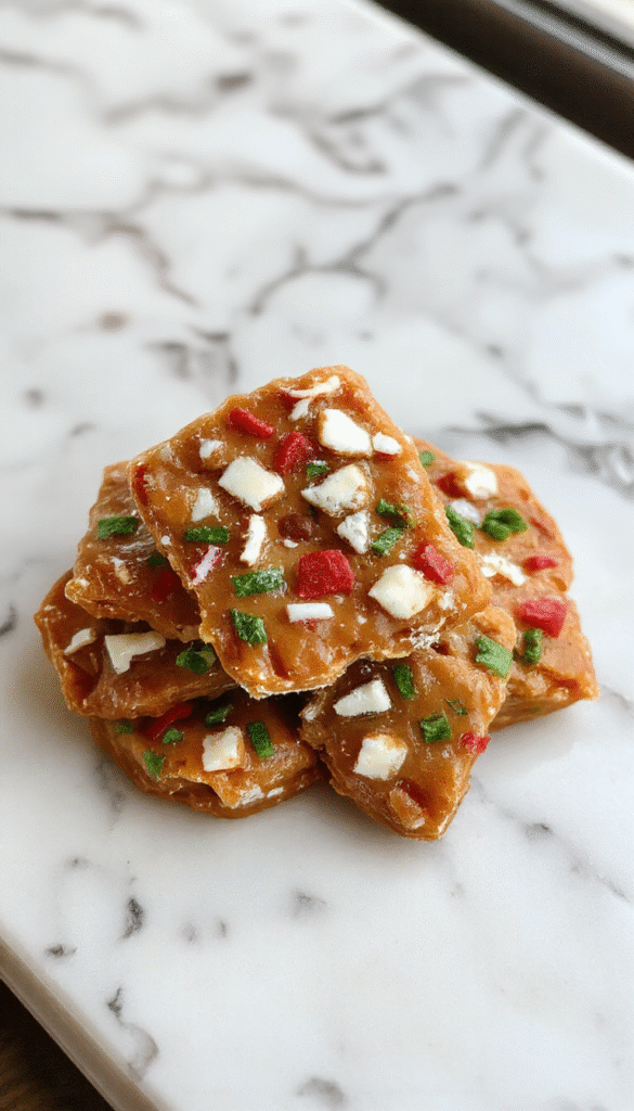 A close-up of glossy homemade Christmas toffee arranged on a rustic wooden tray, topped with crushed nuts and festive sprinkles, with a golden-brown hue and a shiny caramel glaze, styled with holiday decorations in the background.