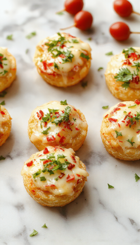 Colorful platter featuring a variety of holiday appetizers including mini bruschettas topped with cherry tomatoes and basil, cheesy stuffed mushrooms, and festive veggie platters with vibrant dips, all elegantly arranged on a rustic wooden table with holiday decor in the background, showcasing textures from crispy bread to creamy cheeses and fresh greens.