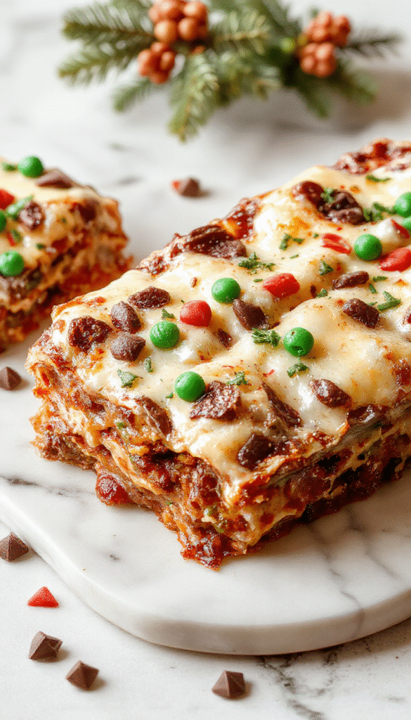 A colorful layered cookie lasagna on a white plate, featuring vibrant red and green holiday-themed candies, crumbly cookie layers, and melted chocolate drizzles, styled with festive decorations and warm ambient lighting.