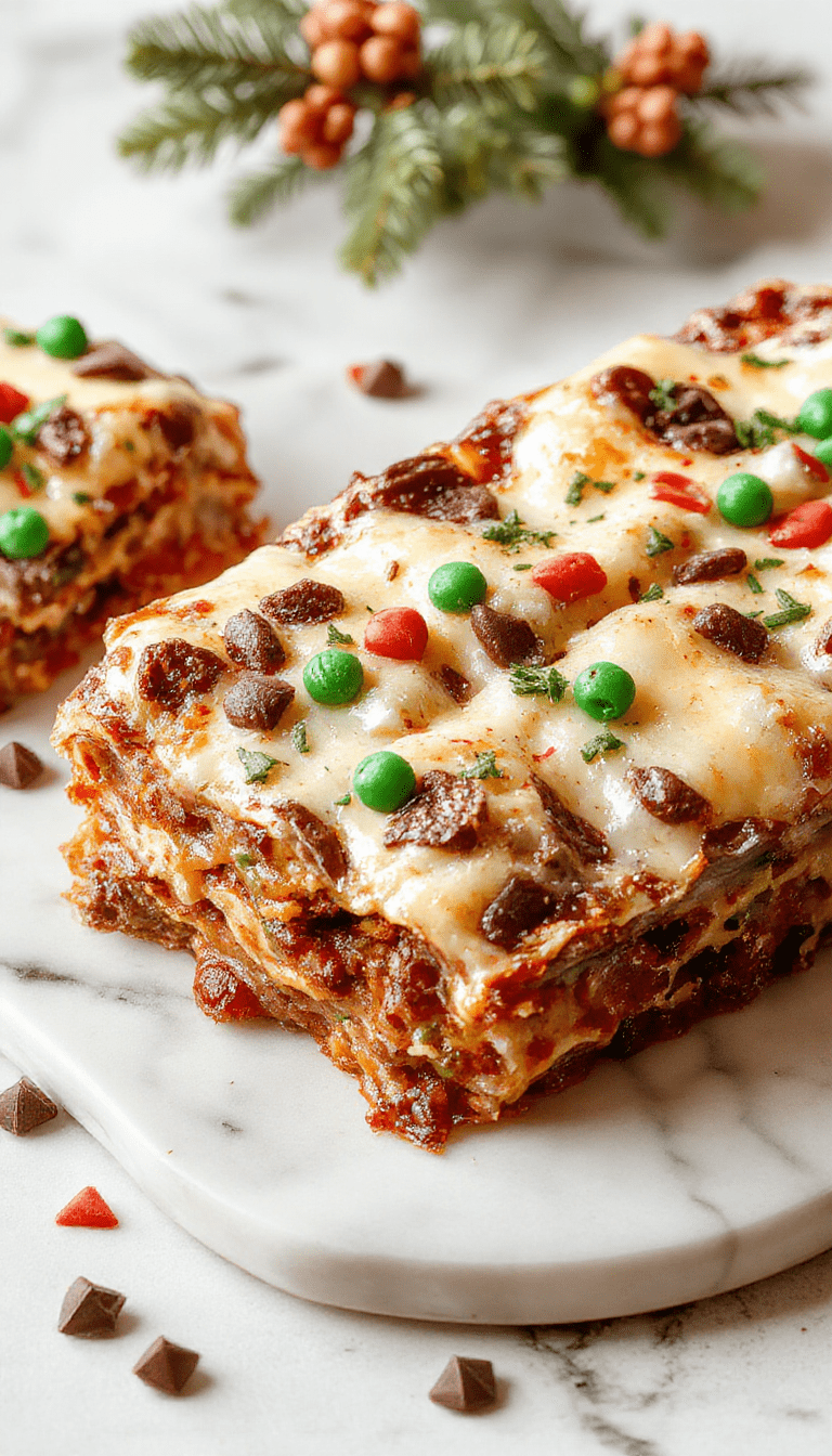 A colorful layered cookie lasagna on a white plate, featuring vibrant red and green holiday-themed candies, crumbly cookie layers, and melted chocolate drizzles, styled with festive decorations and warm ambient lighting.