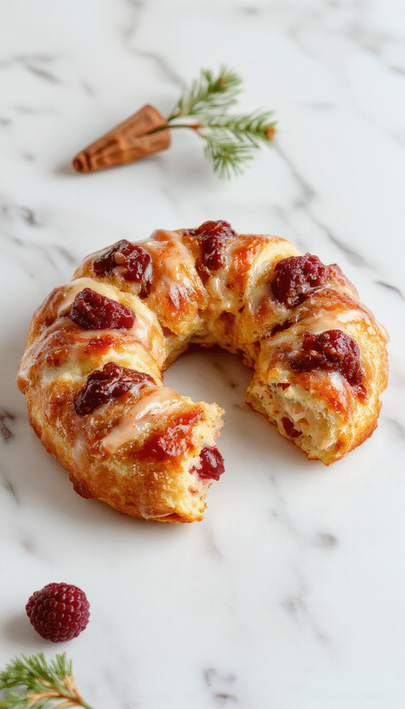A vibrant crescent ring centerpiece on a white platter featuring golden-brown crescent dough shaped into a ring, filled with sliced turkey, bright red cranberry sauce, and melted cheese. Garnished with fresh herbs and served with a festive holiday backdrop, creating an inviting and colorful presentation.