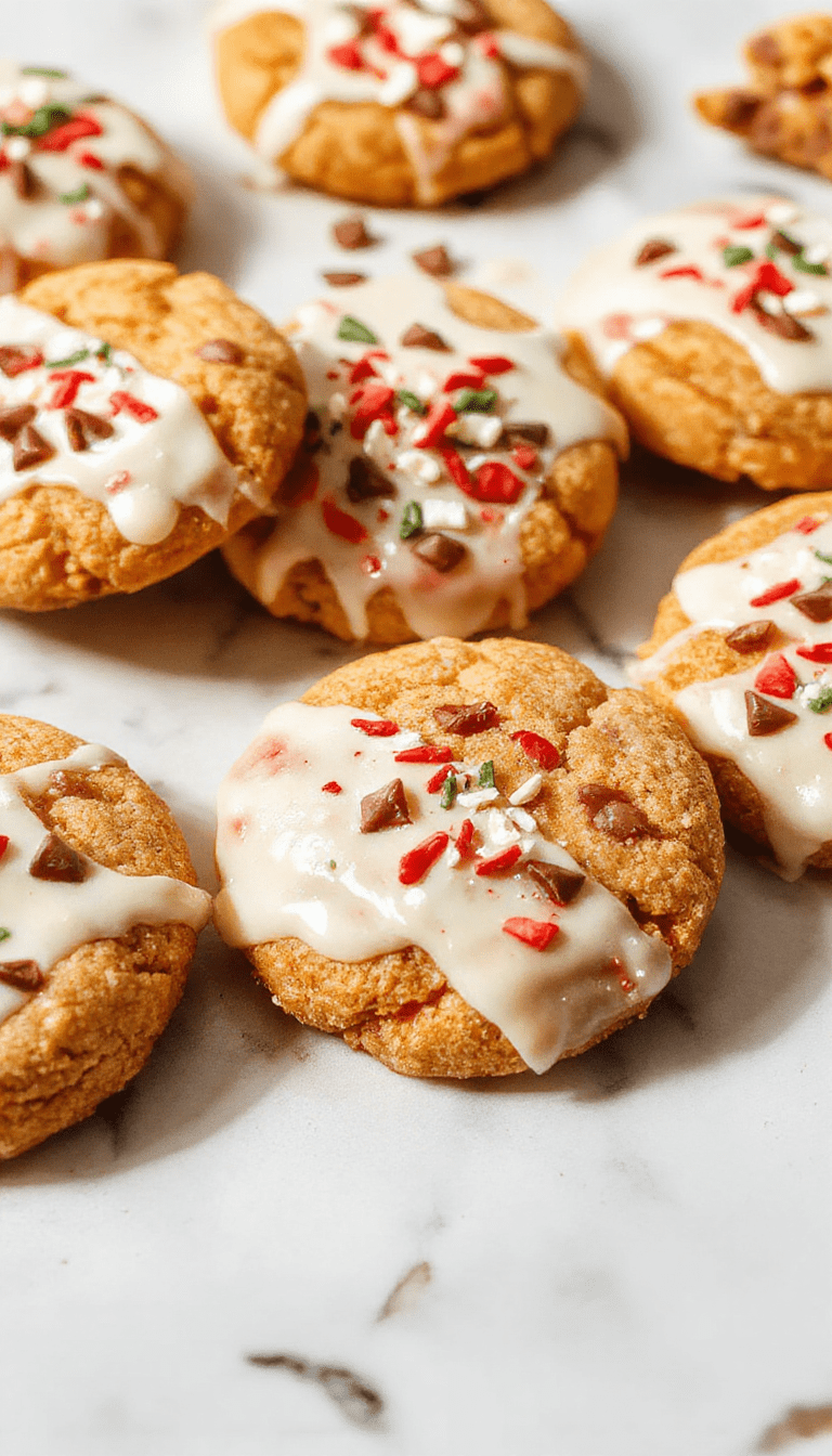 Colorful Christmas cookies with glossy white chocolate coating and chewy maple centers, decorated with red and green sprinkles, neatly arranged on a white plate with holiday-themed background, showcasing textures of smooth chocolate, chewy cookie, and glossy toppings.