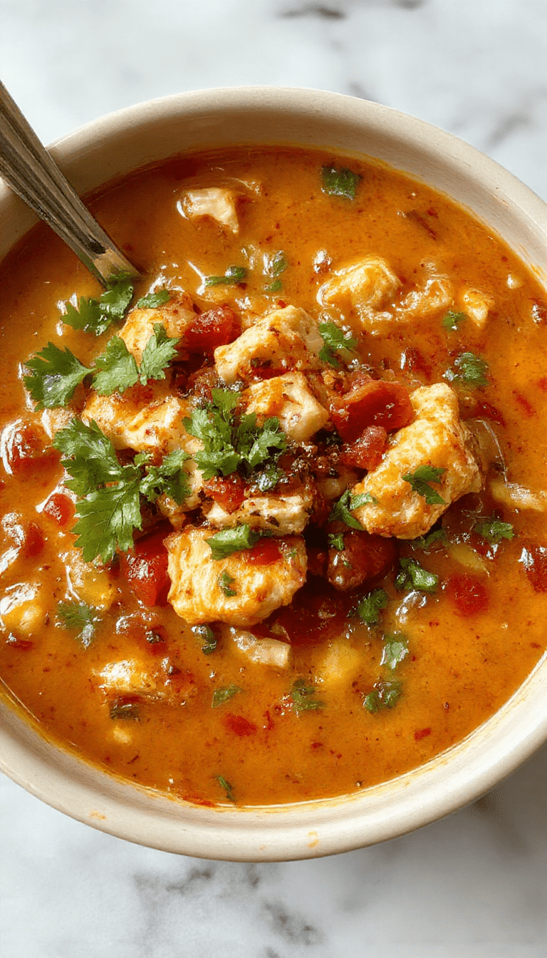 A vibrant bowl of chicken taco soup featuring shredded chicken, black beans, corn, and diced tomatoes garnished with fresh cilantro and shredded cheese. The soup has a rich, red-orange broth and is served in a rustic ceramic bowl placed on a wooden table, with tortilla chips and lime wedges on the side, showcasing warm, comforting textures and inviting colors.