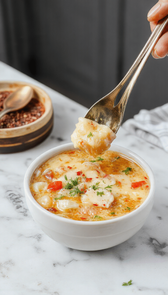 A steaming bowl of potsticker soup featuring golden-brown potstickers floating in a clear savory broth, garnished with chopped green onions and cilantro, served in a elegant white bowl on a rustic wooden table with chopsticks resting beside.