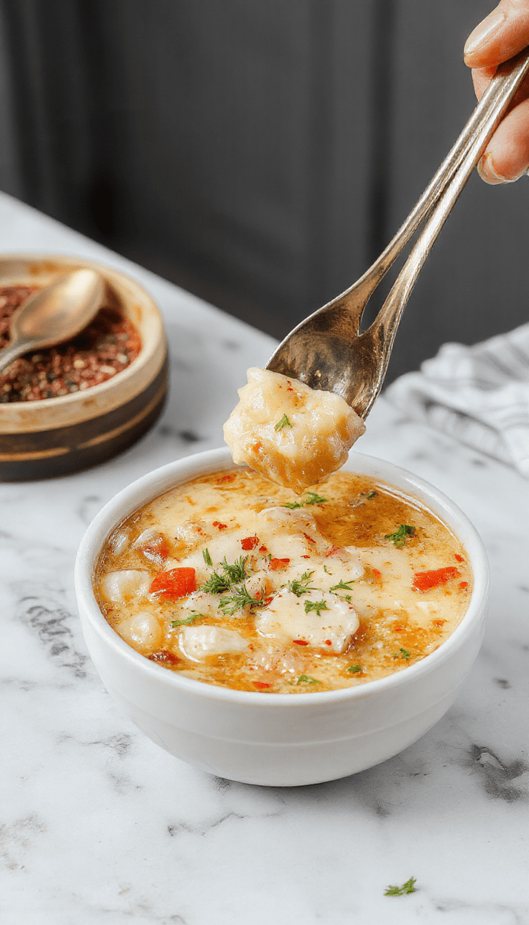 A steaming bowl of potsticker soup featuring golden-brown potstickers floating in a clear savory broth, garnished with chopped green onions and cilantro, served in a elegant white bowl on a rustic wooden table with chopsticks resting beside.