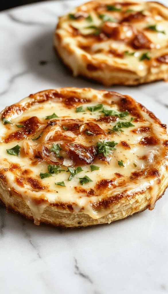 A close-up of a freshly baked French Onion Soup Pizza on a rustic wooden board. The golden-brown crust is topped with a rich layer of caramelized onions, melted cheese, and bubbly browned spots. Garnished with fresh thyme sprigs and served alongside a small bowl of extra caramelized onions. The background features a cozy kitchen setting with warm lighting highlighting the gooey cheese and crispy edges.