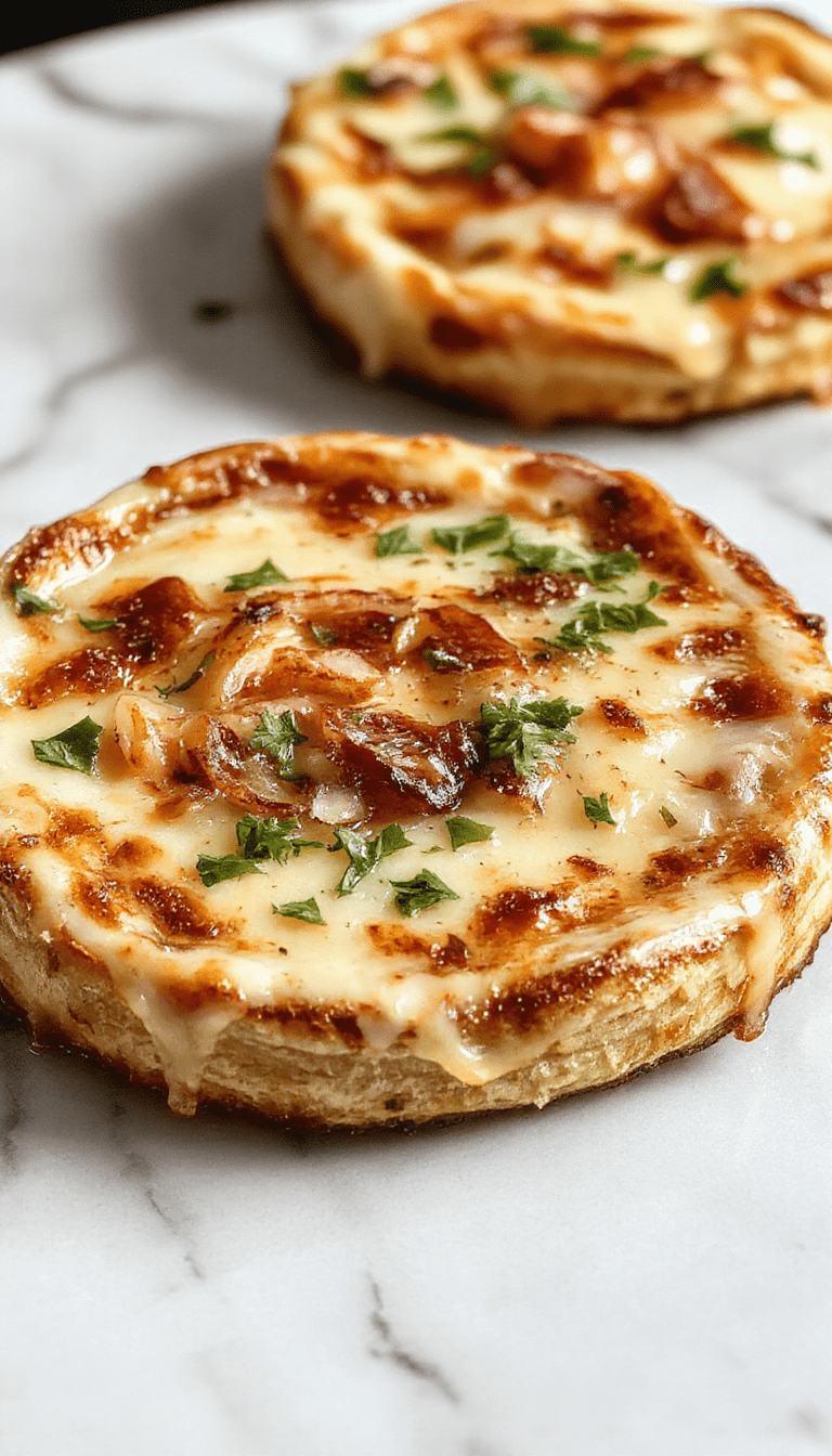 A close-up of a freshly baked French Onion Soup Pizza on a rustic wooden board. The golden-brown crust is topped with a rich layer of caramelized onions, melted cheese, and bubbly browned spots. Garnished with fresh thyme sprigs and served alongside a small bowl of extra caramelized onions. The background features a cozy kitchen setting with warm lighting highlighting the gooey cheese and crispy edges.