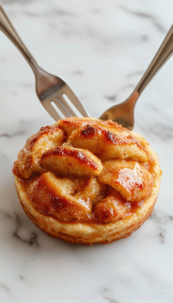 A vibrant, freshly baked apple pie with a golden, flaky crust, steaming slightly, filled with tender apple slices and cinnamon, garnished with a drizzle of caramel and a sprig of mint, served on a rustic wooden table.