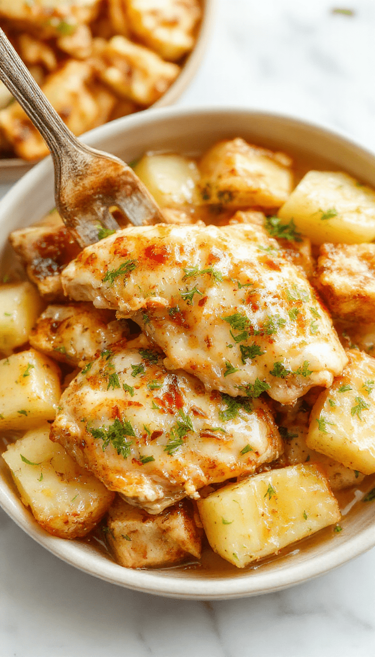 A rustic white plate featuring tender shredded chicken coated in a creamy garlic parmesan sauce, surrounded by golden roasted potatoes topped with fresh parsley, with a sprig of garlic and a sprinkle of parmesan cheese on the side, all styled on a wooden table with natural lighting emphasizing the savory textures.