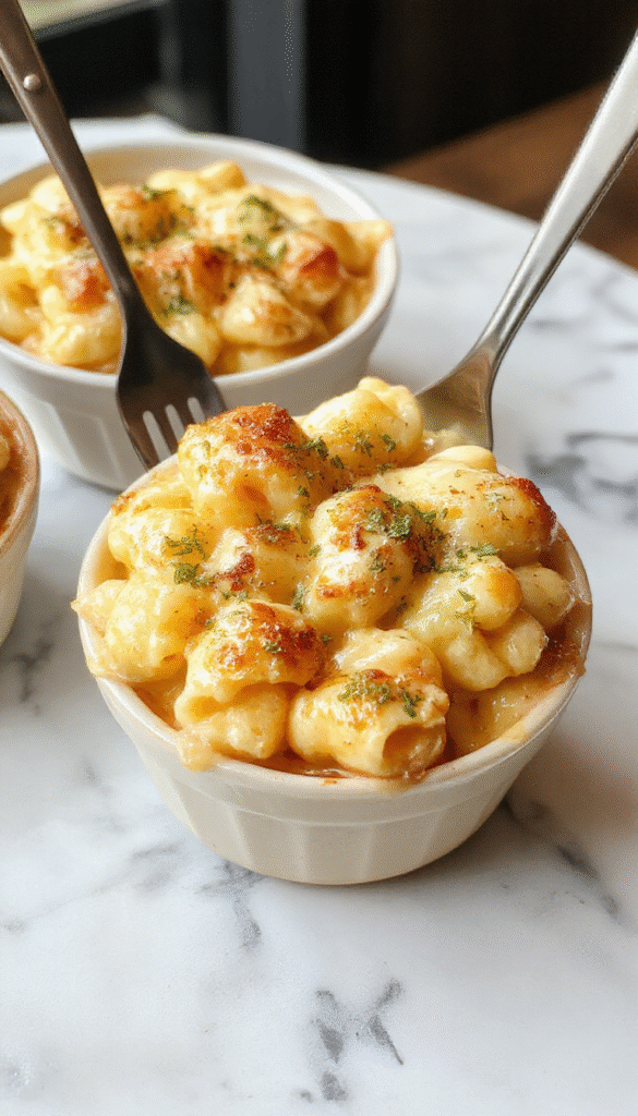 A close-up of a golden-brown baked mac and cheese dish with a crispy breadcrumb topping, served in a rustic white baking dish. The creamy cheese sauce coats each elbow macaroni, with the crunchy topping adding texture and visual appeal. The dish is garnished with fresh herbs and set against a cozy, inviting background, highlighting its rich, cheesy, and crispy nature.