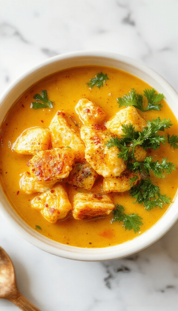 A vibrant bowl of golden turmeric chicken soup garnished with fresh herbs, slices of chicken, and a wedge of lemon on a rustic wooden table, steam rising, showcasing bright yellow broth, colorful vegetables, and a cozy, inviting setting.