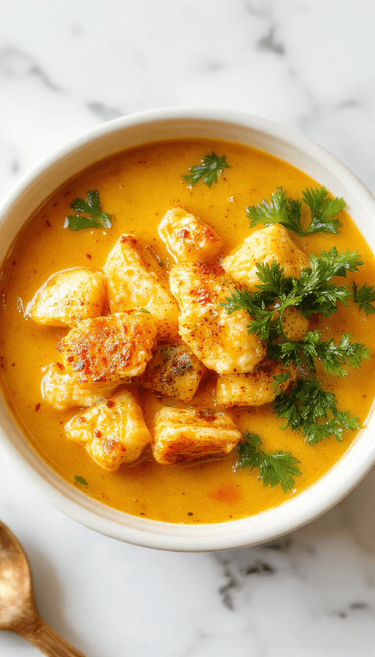 A vibrant bowl of golden turmeric chicken soup garnished with fresh herbs, slices of chicken, and a wedge of lemon on a rustic wooden table, steam rising, showcasing bright yellow broth, colorful vegetables, and a cozy, inviting setting.