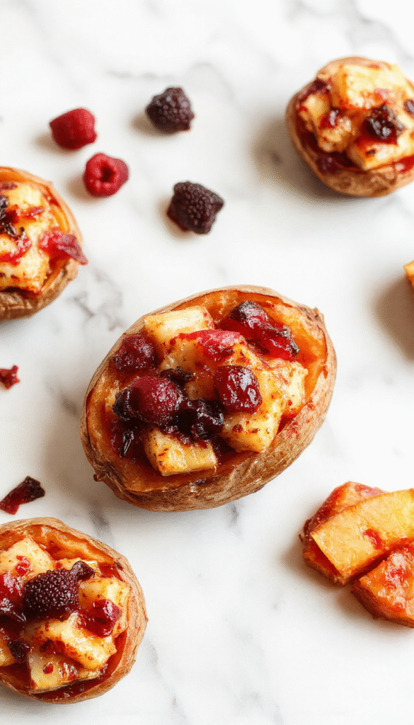 Colorful presentation of twice-baked sweet potatoes topped with vibrant red cranberries and slices of fresh green apple, garnished with chopped walnuts and a drizzle of honey on a rustic wooden plate with a cozy fall backdrop.