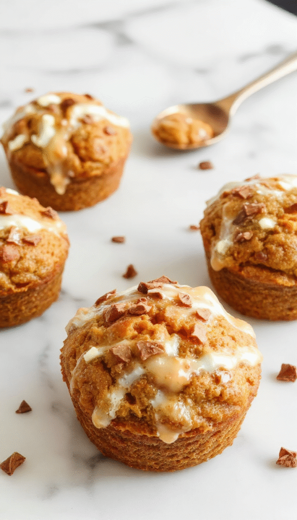 A close-up of golden pumpkin cottage cheese muffins arranged on a white plate, topped with a sprinkle of cinnamon and fresh pumpkin seeds, with a rustic wooden background, soft natural lighting highlighting their fluffy texture and moist interior.