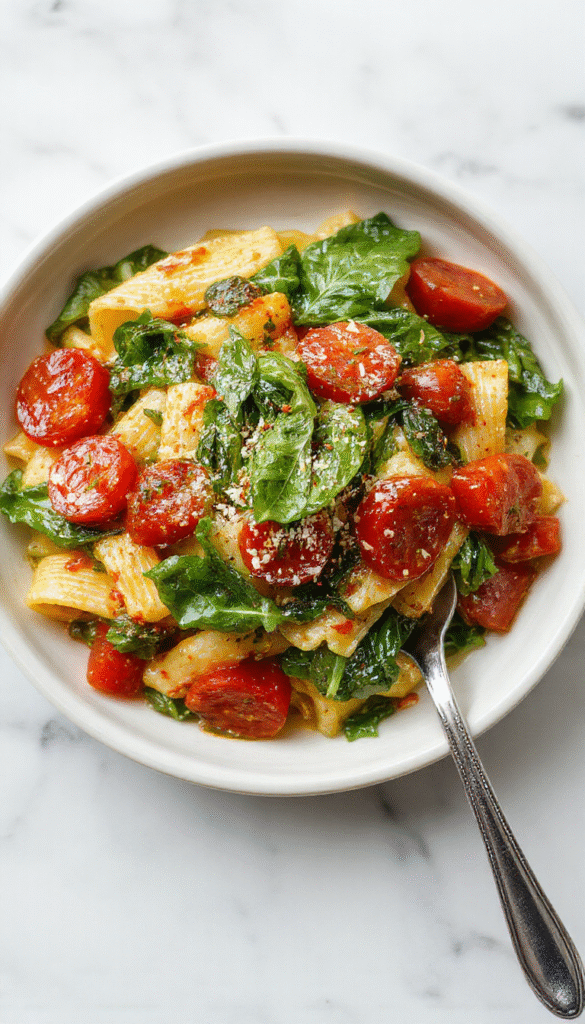 Colorful plate of spinach tomato pasta featuring vibrant green spinach leaves and ripe red tomatoes mixed with al dente pasta, topped with grated cheese and garnished with fresh herbs, presented on a rustic white plate with a blurred kitchen background.