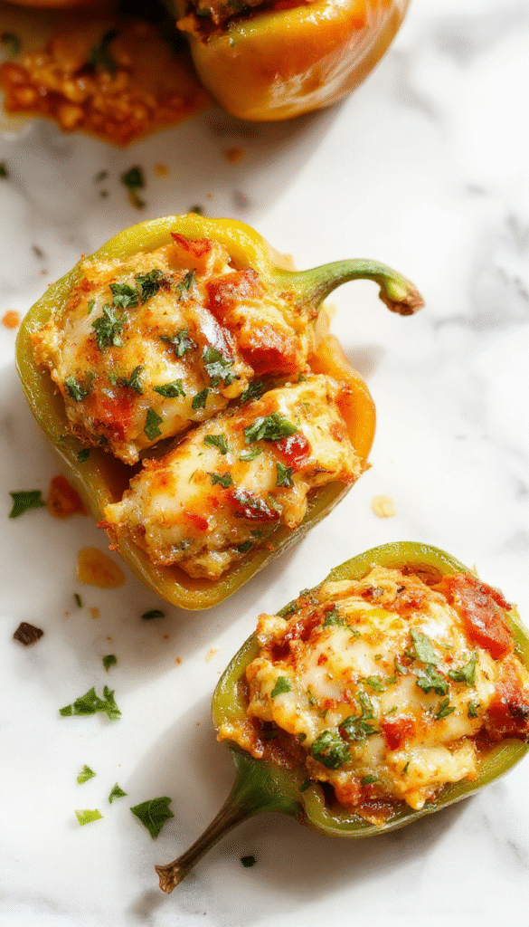Colorful bell peppers filled with seasoned rice and vegetables, topped with melted cheese, arranged neatly on a rustic wooden plate with fresh herbs and a vibrant backdrop.