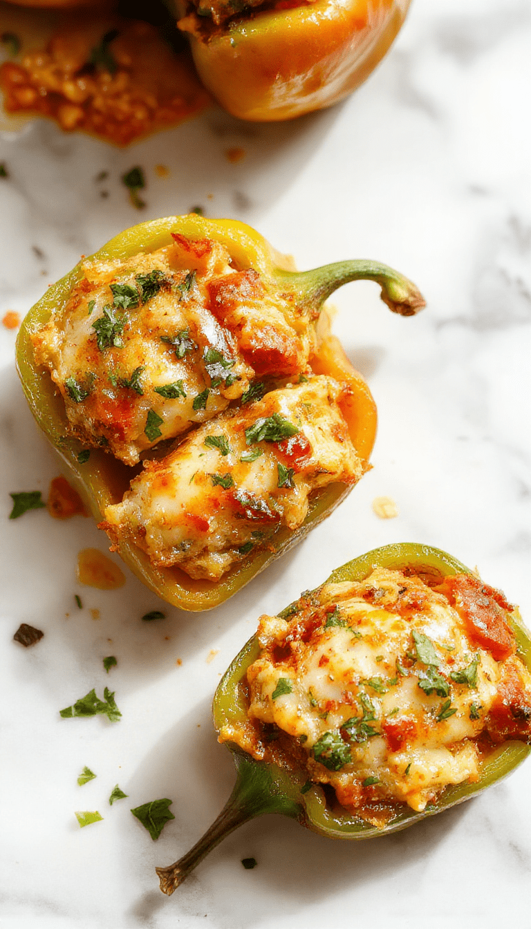 Colorful bell peppers filled with seasoned rice and vegetables, topped with melted cheese, arranged neatly on a rustic wooden plate with fresh herbs and a vibrant backdrop.