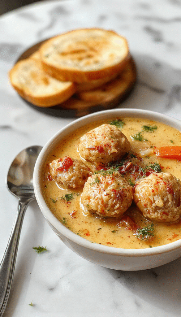 A steaming bowl of Swedish Meatball Soup featuring tender meatballs, creamy broth, garnished with fresh herbs, served in a rustic white bowl on a wooden table showing vibrant ingredients like potatoes, carrots, and chopped dill, with a cozy kitchen background.