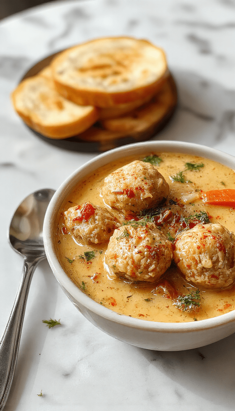 A steaming bowl of Swedish Meatball Soup featuring tender meatballs, creamy broth, garnished with fresh herbs, served in a rustic white bowl on a wooden table showing vibrant ingredients like potatoes, carrots, and chopped dill, with a cozy kitchen background.