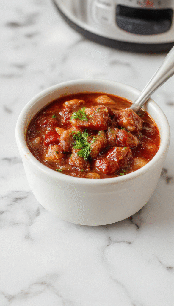 A steaming bowl of vibrant red American Goulash with ground beef, bell peppers, and pasta, garnished with fresh herbs on a rustic wooden table, with a spoon sticking into the rich, savory dish.