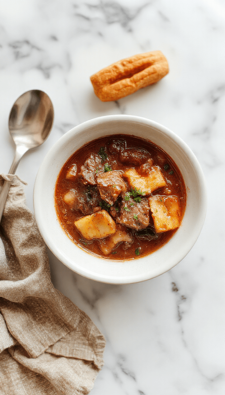 A steaming bowl of beef stew with tender chunks of beef, carrots, potatoes, and celery in a rich brown gravy, garnished with fresh herbs, presented on a rustic wooden table with a spoon and a napkin, vibrant colors and textured ingredients visible