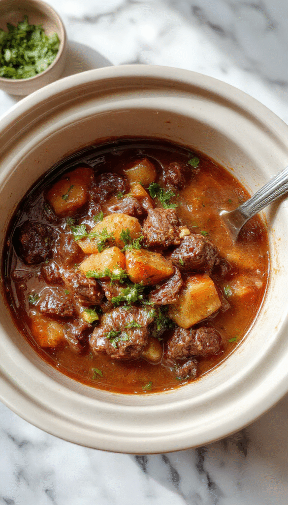 A rustic bowl of beef stew garnished with fresh herbs sits on a wooden table. The stew contains tender chunks of beef, carrots, potatoes, and celery in a rich, steaming brown gravy. The presentation is homely, with a spoon resting beside the bowl and warm lighting highlighting the textures and vibrant colors of the ingredients.