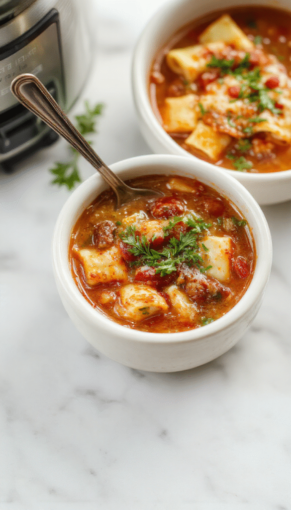 A vibrant bowl of Crockpot Lasagna Soup garnished with fresh basil and melted cheese, showcasing layers of beef, pasta, and tomato broth with steam rising, set on a rustic wooden table with Italian herbs scattered around.