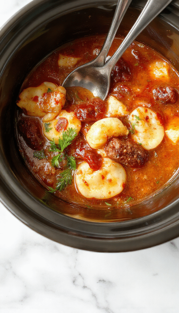 A warm, inviting bowl of crockpot tortellini soup with sliced sausage, fresh spinach, and melted cheese, garnished with herbs, served in a rustic bowl with a spoon on a wooden table, vibrant colors highlighting the creamy broth and tender ingredients.