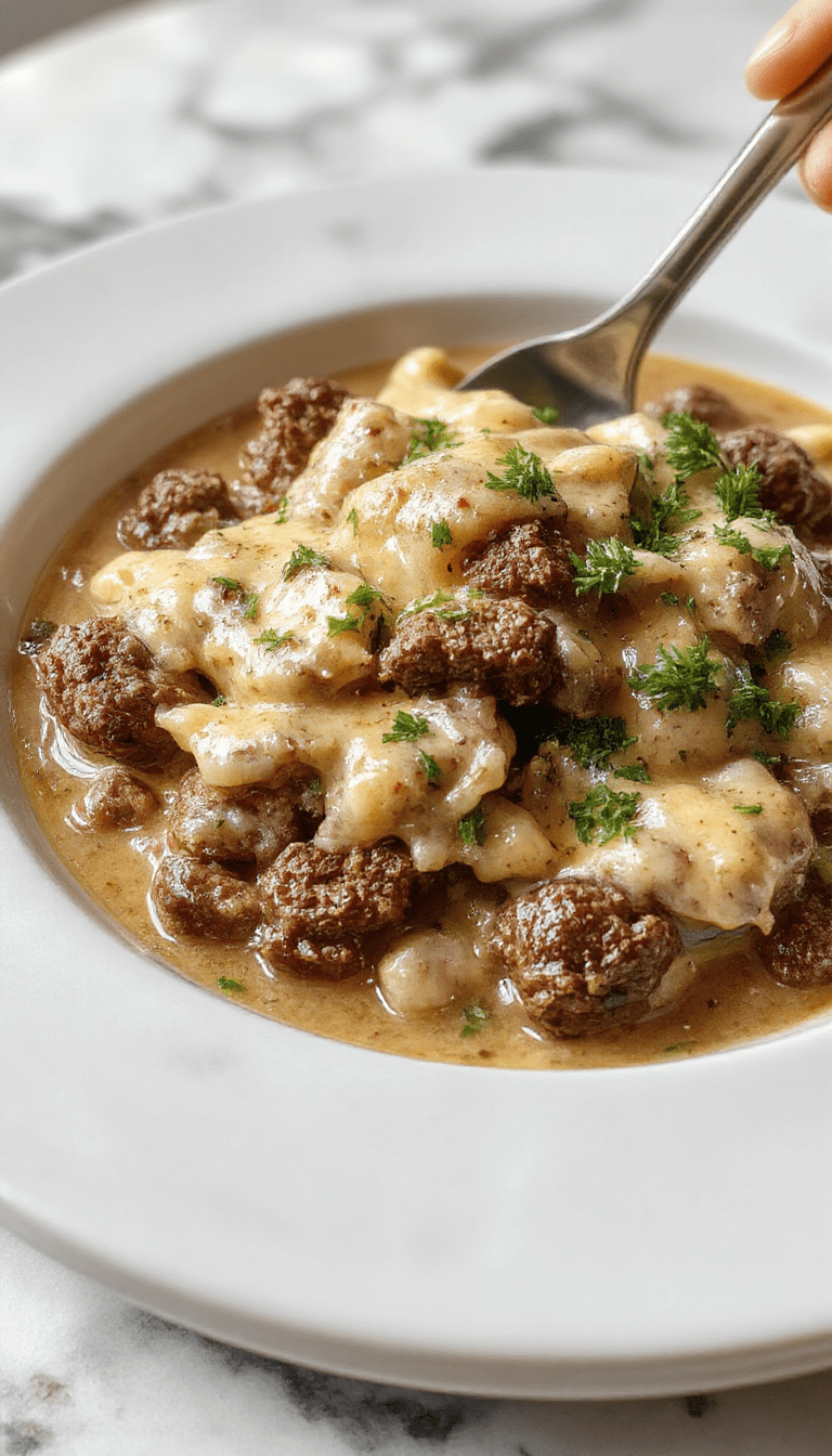A close-up of a creamy beef stroganoff served on a white plate, topped with fresh parsley. The dish features tender ground beef and mushrooms in a rich, velvety sauce, accompanied by a side of buttered egg noodles. The vibrant colors of the herb garnish contrast with the sauce's deep brown hue, creating an inviting and appetizing presentation with a rustic, homely style.