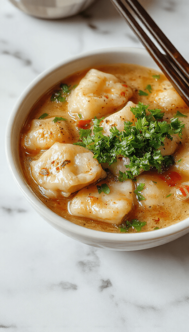 A bowl of steaming Gyoza Soup showcasing golden-brown Japanese dumplings floating in clear savory broth, garnished with sliced scallions and sesame seeds, with a side of fresh greens and chopsticks, against a rustic wooden table with a soft focus background.