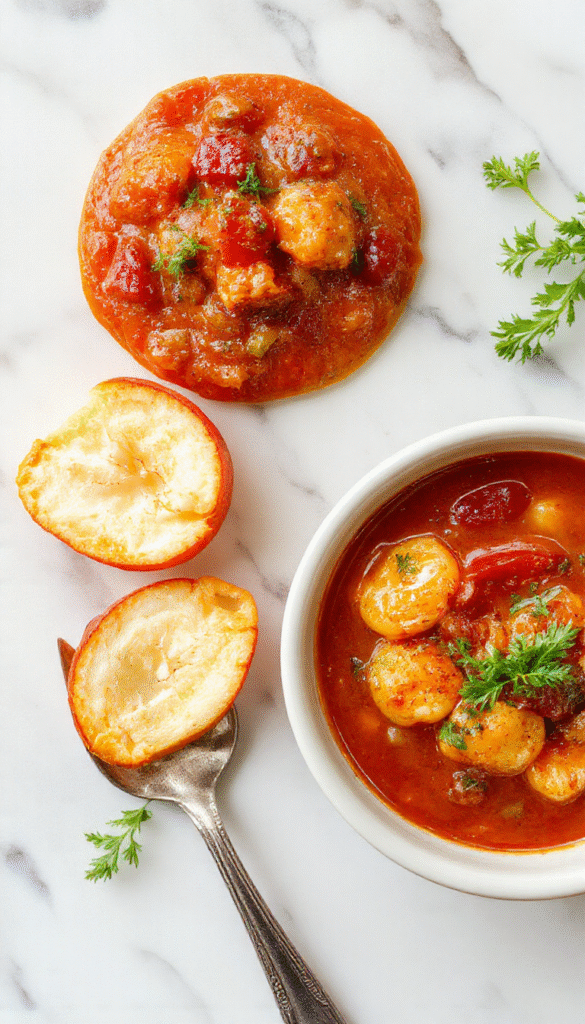 A vibrant bowl of tomato tortellini soup featuring plump tortellini pasta swimming in rich, red tomato broth, garnished with fresh basil leaves and grated Parmesan cheese, styled on a rustic wooden table with a spoon ready to serve.