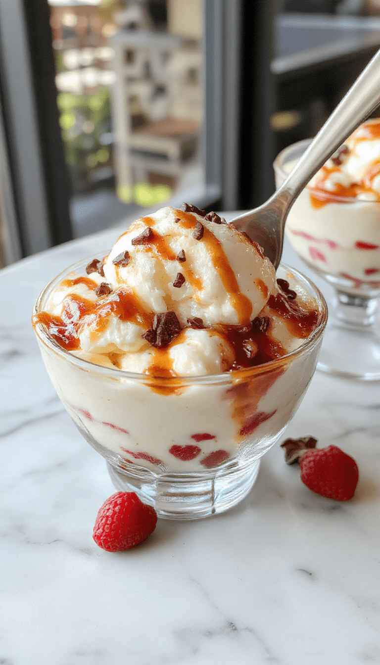 A colorful layered trifle in a clear glass bowl showcasing vibrant fruits, creamy custard, and sponge cake layers, topped with whipped cream and fresh berries, styled elegantly with a shiny spoon and a sprig of mint.