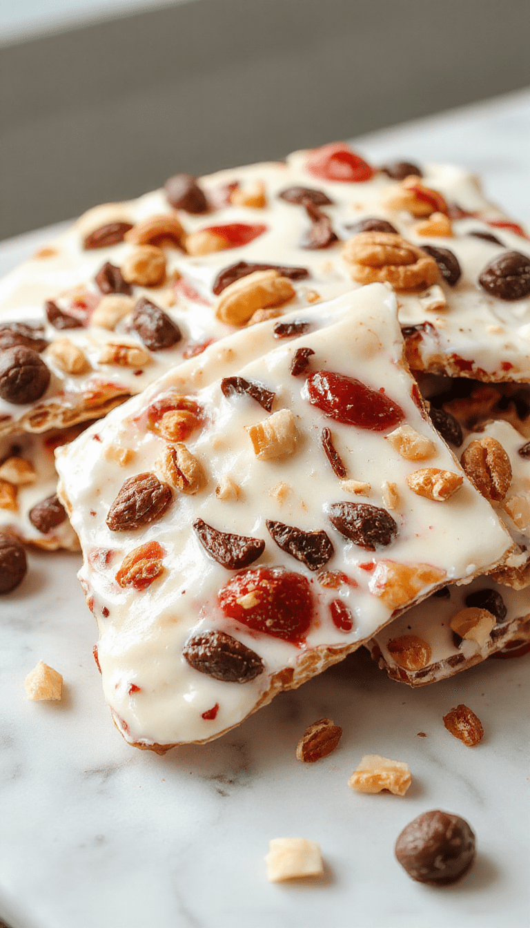 Colorful protein yogurt bark topped with vibrant mixed berries, sliced kiwi, and crunchy nuts arranged artistically on a white plate, with a wooden background and natural lighting highlighting the textures and fresh ingredients.