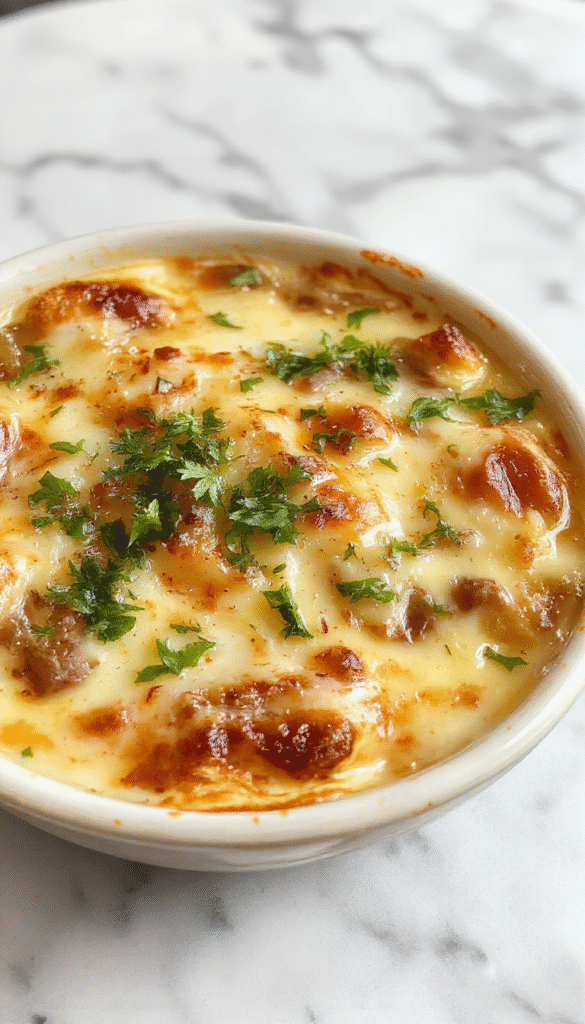 A close-up of a crispy pizza topped with golden caramelized onions, melted cheese, and a sprinkle of herbs on a rustic wooden board, vibrant and inviting
