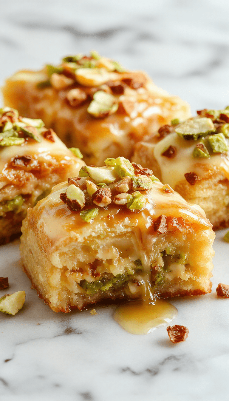 A rich honey pistachio baklava cheesecake with a golden, flaky baklava topping sprinkled with chopped pistachios and drizzled with honey, presented on a rustic wooden platter with a perfect slice revealing creamy layers inside, styled with fresh pistachios and honey drizzles.