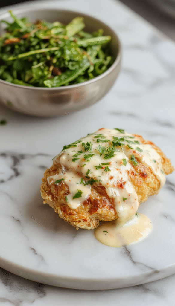 A vibrant plate featuring golden-brown Irish chicken topped with a rich, creamy whiskey sauce. Garnished with fresh herbs, the dish is served on a rustic wooden table with a glass of whiskey and a small bowl of sauce in the background.