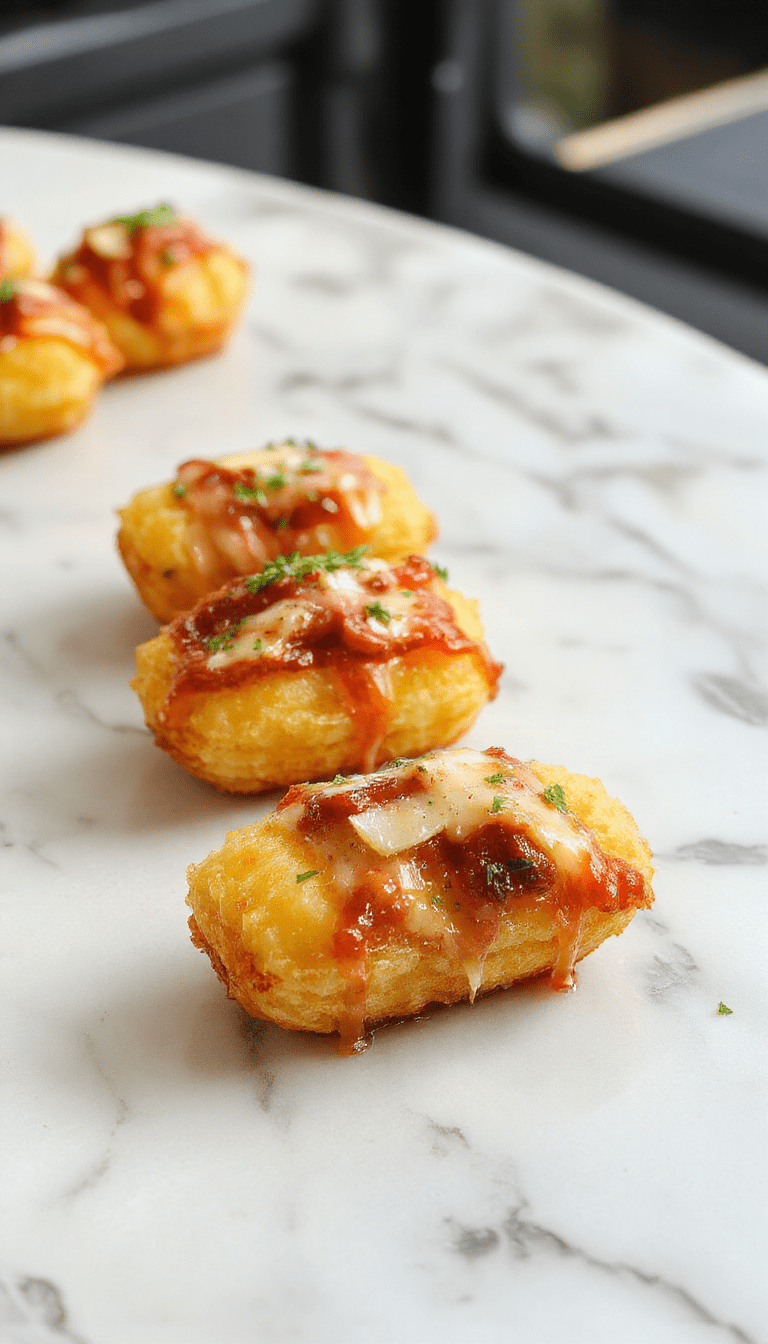 Colorful plate of crispy golden tater tots topped with melted cheese, bacon bits, and green onions, arranged neatly on a white ceramic plate with a rustic background