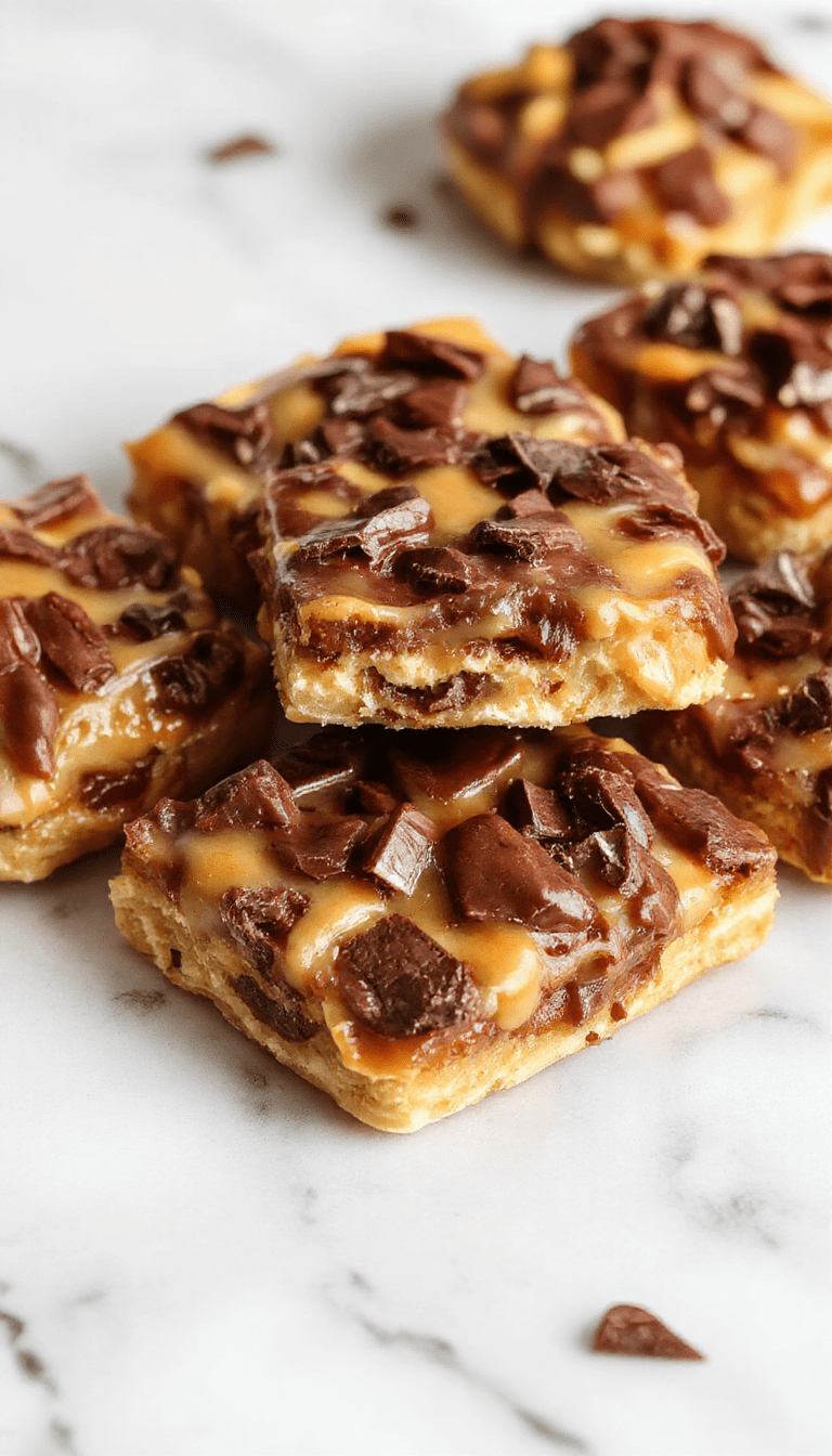 A close-up of golden brown turtle bars on a rustic wooden platter, showcasing a glossy caramel layer topped with chocolate drizzles and chopped nuts, styled with a drizzle of caramel and a scatter of sea salt for an inviting treat