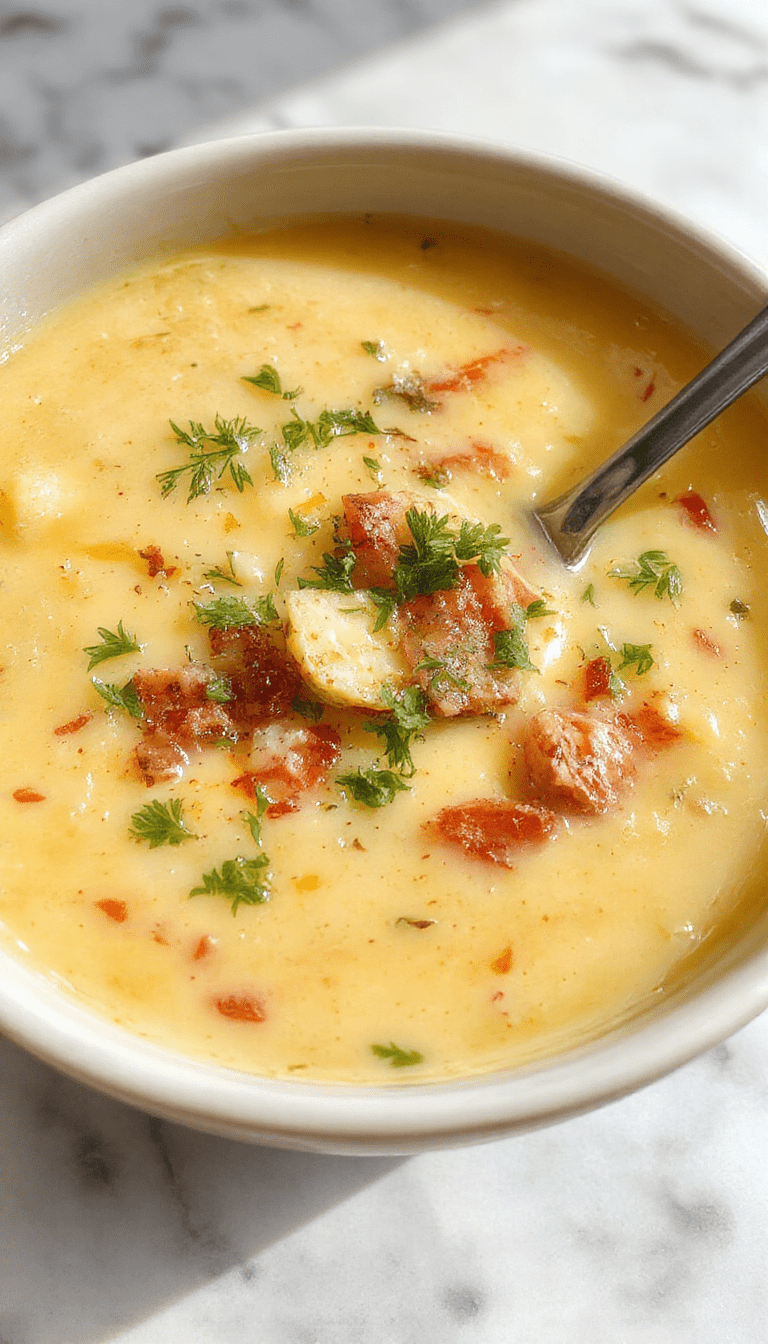 A vibrant bowl of Italian Penicillin Soup featuring a rich, creamy broth with chunks of chicken, vegetables, and herbs. The bowl is garnished with fresh parsley, and the soup's texture appears hearty and comforting. The background includes rustic bread and a wooden table, evoking warmth and homestyle cooking.