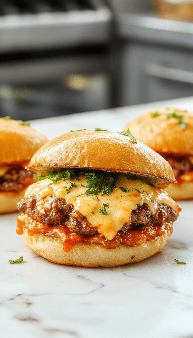 Colorful cheeseburger bombs with golden-brown crust topped with fresh parsley and melted cheese, arranged on a rustic wooden platter garnished with garlic cloves and parsley, with a side of dipping sauce and a vibrant green salad background.