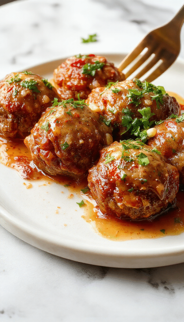 A close-up of plump Italian meatballs with a golden-brown crust, served on a rustic white plate topped with rich tomato sauce and sprigs of fresh basil, with a background of parmesan cheese and garlic cloves, highlighting the juicy texture and vibrant colors of the dish